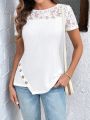 EMERY ROSE Ladies' Lace Spliced Button Detail Asymmetrical Hem T-shirt