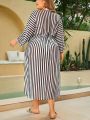 SHEIN Swim Classy Plus Size Women's Striped Drawstring Waist Kimono