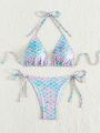 SHEIN Swim Vcay Mermaid Scale Triangle Cup Halter Neck Swimsuit Set