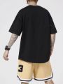 ROMWE Prep Guys Letter Printed T-shirt And Striped Trim Drawstring Waist Shorts Set