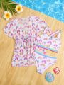 Young Girls' 3pcs/Set Rainbow Printed Vest & Striped Detail Bikini Swimsuit Set