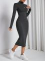 SHEIN PETITE Women's Solid Color Stand Collar Slim Fit Back Slit Dress