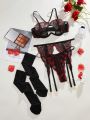 SHEIN Embroidered Mesh Hollow-Out Sexy Lingerie Set With 1 Pair Of Fishnet Stockings