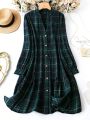 SHEIN LUNE Plus Size Women's Plaid Front Buttoned Dress With Ruffle Hem Design
