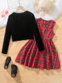 SHEIN Kids Cooltwn Girls' Fashionable Elegant Knit Cardigan With Grid Pattern Sleeveless Dress