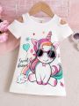 Baby Girls' Unicorn Printed Shoulder-Baring Casual Dress For Spring And Summer