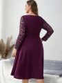 EMERY ROSE Plus Size Women's Lace Splice Long Sleeve Notched-neck Dress