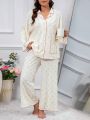 Plus Ditsy Floral Print Contrast Piping PJ Set