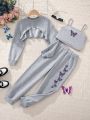 SHEIN Tween Girl High Low Hem Super Crop Pullover & Butterfly Print Cami Top & Sweatpants