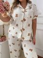 Plus Size Bear Printed Lapel Collar Pajama Set