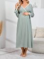 Maternity Contrast Lace Flounce Sleeve Overlap Collar Nightdress