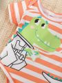 SHEIN Baby Boys' Crocodile Pattern Striped Bodysuit & Hat Set