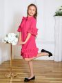 SHEIN Kids CHARMNG Tween Girls' Bow Tie Stand Collar Mid-Sleeve Multi-Hierarchical Ruffle Frill Hem Decorated Dress