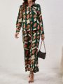 SHEIN LUNE Printed Shirt And Long Pants Casual Two-piece Set