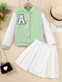 Tween Girl Letter Patched Striped Trim Varsity Jacket & Pleated Skirt