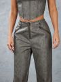 SHEIN BAE Solid Color Distressed Faux Leather Zipper Decor Straight Leg Pants