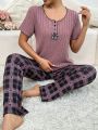 Color-Block Short Sleeve Top With Contrast Trim, Plaid And Floral Print Long Pants, Home Wear Suit