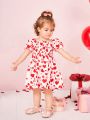 SHEIN Baby Girls' Cute Heart Pattern Bubble Hem Short Sleeve Dress