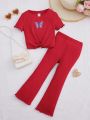 SHEIN Kids EVRYDAY Young Girl's Butterfly Patch Tee & Pants Ribbed Two Piece Set