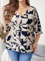 EMERY ROSE Plus Size Abstract Printed V-neck Half Sleeve Shirt