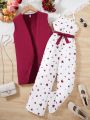 SHEIN Kids EVRYDAY Tween Girl's Sleeveless Open Front Jacket And Heart Pattern Cami Jumpsuit Set