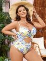 SHEIN Swim Vcay Plus Size Hollow Out Botanical Print One-Piece Swimsuit