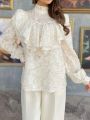 SHEIN Privé Elegant Date Ruffle Hem Decorated White Shirt