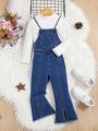 SHEIN Young Girl 1pc Split Raw Hem Flare Leg Denim Overalls