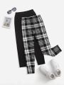 SHEIN Kids EVRYDAY Girls Plaid Print Leggings & Solid Leggings