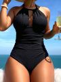 SHEIN Swim Basics Solid Color Halter Neck One Piece Swimsuit With Ruffle Detail