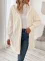 Solid Pom Pom Detail Open Front Hooded Teddy Coat