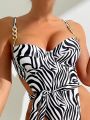 Women's Zebra Pattern Cutout Back With Chain Decoration Thin Straps One Piece Swimsuit