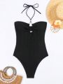 SHEIN Swim Chicsea One Piece Swimsuit With Pearl Decoration & Hollow Out Design Detail, Halter Neckline