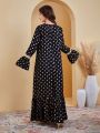 SHEIN Teen Girls' Polka Dot Print Long Dress With Gold Foil Detailing, Lace Trim And Flare Sleeves