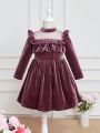 SHEIN Kids CHARMNG Toddler Girls' Knitted Solid Color High Collar Velvet Romantic Fit-and-flare Dress With Ruffle Hemline