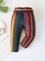 SHEIN Baby Girl Casual Striped Pattern Elastic Waist Long Pants With Belt