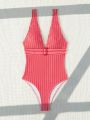 SHEIN Swim Basics Red Striped V-neck One-piece Swimsuit