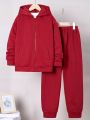 SHEIN Kids EVRYDAY Tween Boys' Loose Fit Casual Solid Color Hooded Fleece Sweatshirt And Sweatpants Set