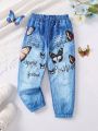 SHEIN Kids EVRYDAY Toddler Girls' Casual Everyday Imitation Denim Print Thin Velvet Overalls Pants For Autumn And Winter