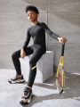 Male Teenagers Black Suit With Yellow Printed Strips, Elastic, Skin-friendly, Comfortable, Sweat-absorbent And Breathable Sportswear