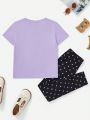 SHEIN Kids EVRYDAY Girls' Knitted Slim Fit Letter Cartoon Print T-Shirt With Polka Dot Casual Pants, 2pcs/Set