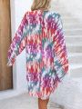 SHEIN Swim BohoFeel Random Tie Dye Deep V-Neck Asymmetrical Hem Cover Up Dress