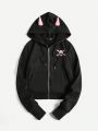 Kawaii Skull Print Zip Up 3D Horn Design Drawstring Hoodie