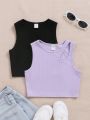 SHEIN Kids EVRYDAY 2pcs/Set Knit Crop Top Vest For Tween Girls, Casual