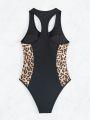 SHEIN Swim SPRTY Women's Leopard Print Splice One Piece Swimsuit With Criss Cross Back