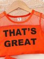 SHEIN Kids EVRYDAY Toddler Girls' Casual Orange Letter Printed Sheer Sleeve T-Shirt And Mesh Skirt 2pcs/Set