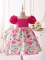 SHEIN Kids Nujoom Slim Fit Casual Young Girl's Dress With 3d Floral Puff Sleeves And Flower Print Patchwork