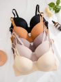 5pcs/Set Plus Size Solid Color Bra With Steel Ring