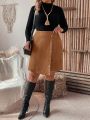 SHEIN LUNE Plus Size Button Decoration Asymmetrical Hem Skirt