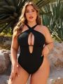 SHEIN Swim Basics Plus Size Women's Halter Neck Hollow Out One-Piece Swimsuit